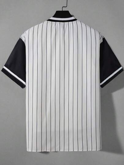 Chemise oversize pour hommes avec col de baseball imprimé de rayures et de lettres, sans t-shirt