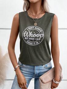 SHEIN LUNE Đồ họa Khẩu hiệu Áo ba lỗ - xanh quân đội - Xem 1