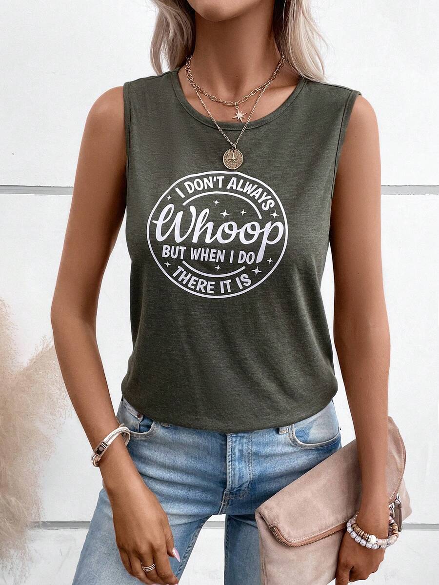 SHEIN LUNE Đồ họa Khẩu hiệu Áo ba lỗ - xanh quân đội - Xem 1