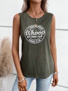 SHEIN LUNE Đồ họa Khẩu hiệu Áo ba lỗ - xanh quân đội - Xem 4