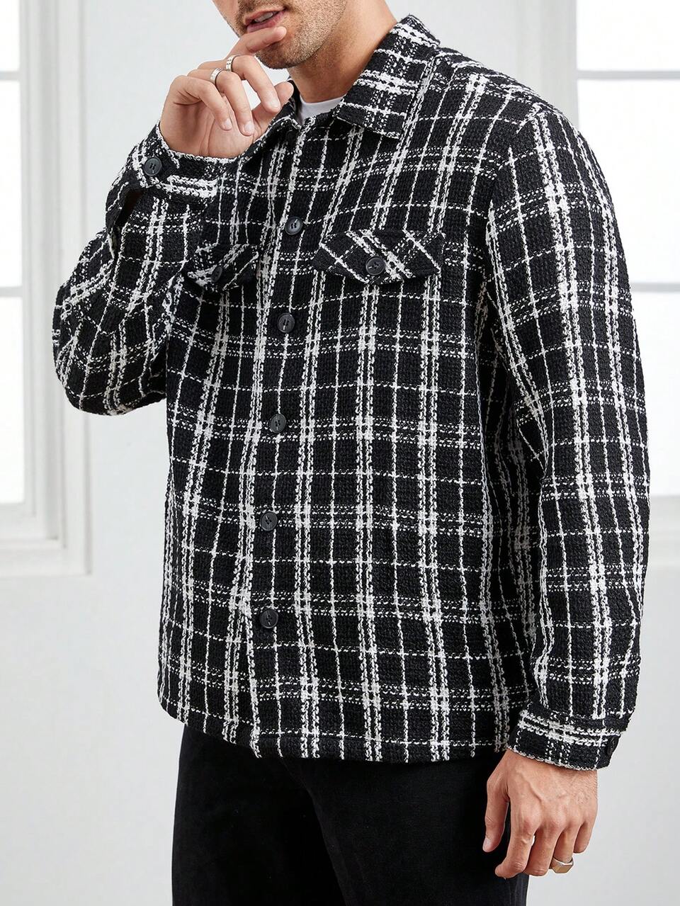 Men Plaid Pattern Tweed Overcoat, For Fall Winter