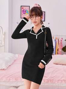 SHEIN Teen Girl Contrast Trim Sweater Dress - Black - View 1