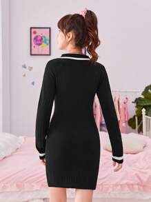 SHEIN Teen Girl Contrast Trim Sweater Dress - Black - View 2