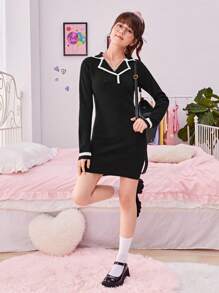 SHEIN Teen Girl Contrast Trim Sweater Dress - Black - View 4