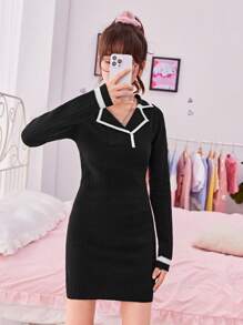 SHEIN Teen Girl Contrast Trim Sweater Dress - Black - View 5