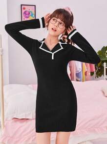 SHEIN Teen Girl Contrast Trim Sweater Dress - Black - View 6