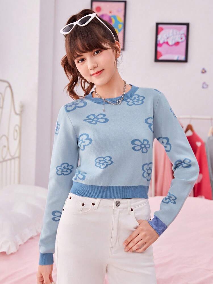 Teen Girl Floral Pattern Contrast Trim Sweater