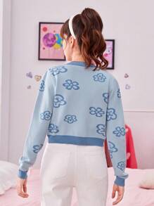 SHEIN Teen Girl Floral Pattern Contrast Trim Jumper - Blue - View 3