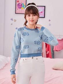 SHEIN Teen Girl Floral Pattern Contrast Trim Jumper - Blue - View 4