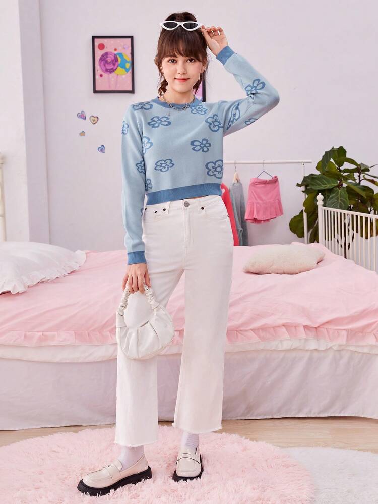 Teen Girl Floral Pattern Contrast Trim Sweater