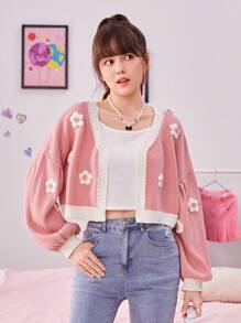 SHEIN Teen Girl Floral Patched Drop Shoulder Contrast Trim Cardigan - Dusty Pink - View 1