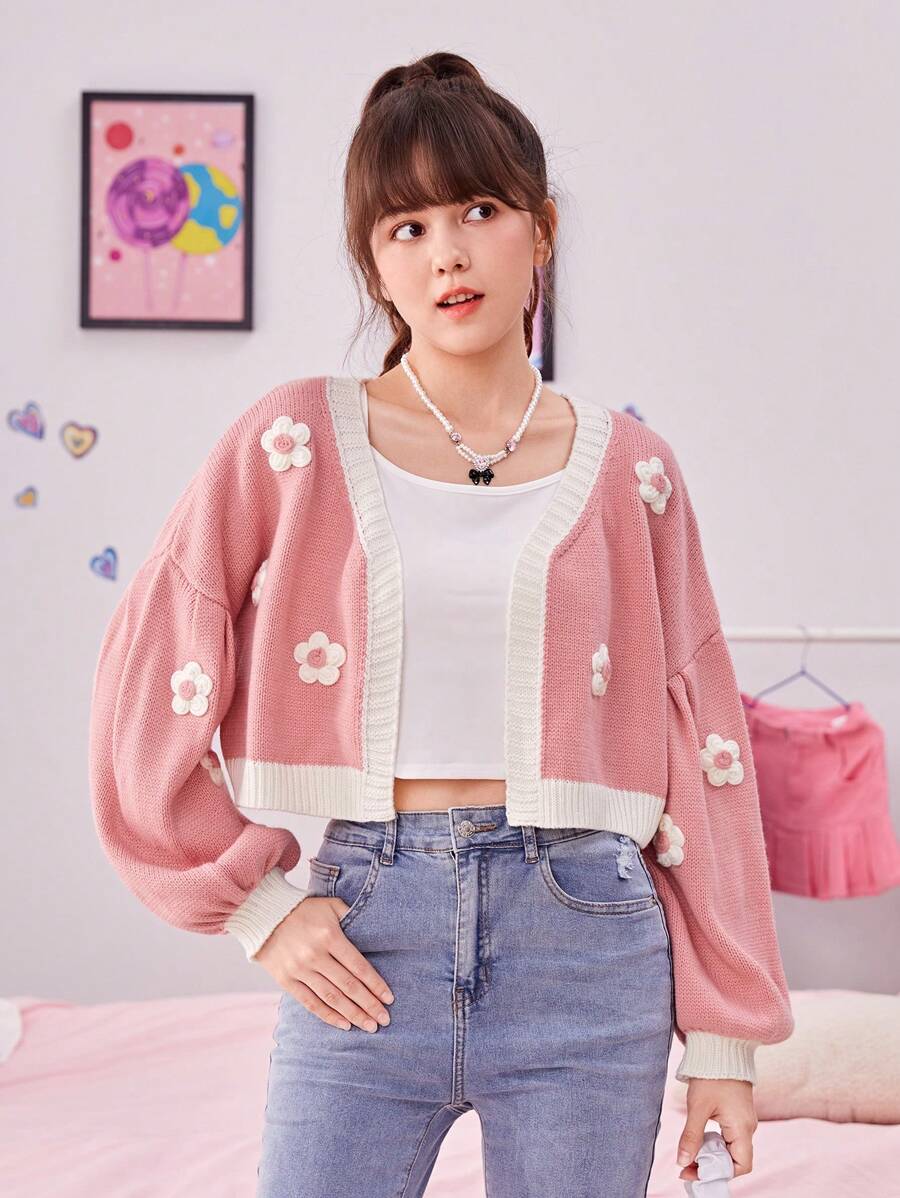 SHEIN Teen Girl Floral Patched Drop Shoulder Contrast Trim Cardigan - Dusty Pink - View 1