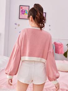 SHEIN Teen Girl Floral Patched Drop Shoulder Contrast Trim Cardigan - Dusty Pink - View 3