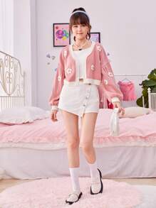SHEIN Teen Girl Floral Patched Drop Shoulder Contrast Trim Cardigan - Dusty Pink - View 4