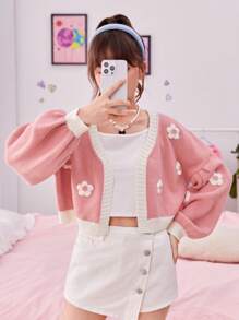 SHEIN Teen Girl Floral Patched Drop Shoulder Contrast Trim Cardigan - Dusty Pink - View 2