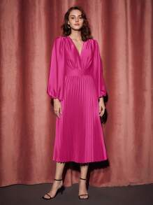 SHEIN Privé 燈籠袖百褶下擺緞面洋裝 - 玫紅色 - 查看 3