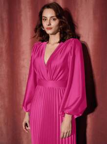 SHEIN Privé 燈籠袖百褶下擺緞面洋裝 - 玫紅色 - 查看 4