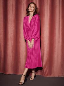 SHEIN Privé 燈籠袖百褶下擺緞面洋裝 - 玫紅色 - 查看 6