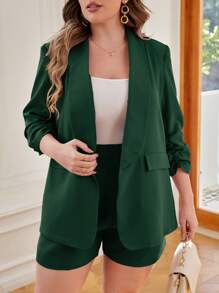 SHEIN Essnce Plus Shawl Collar Ruched Sleeve Blazer & Shorts - Dark Green - View 1