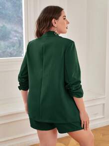SHEIN Essnce Plus Shawl Collar Ruched Sleeve Blazer & Shorts - Dark Green - View 2