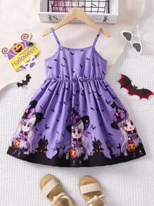 SHEIN 女小童萬聖印花吊帶洋裝不帶T恤 - 紫色 - 查看 4
