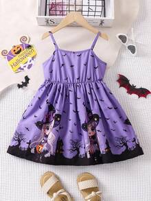 SHEIN 女小童萬聖印花吊帶洋裝不帶T恤 - 紫色 - 查看 2