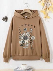 SHEIN Teen Girl Sunflower Print Drop Shoulder Sweatshirt - Khaki - View 1