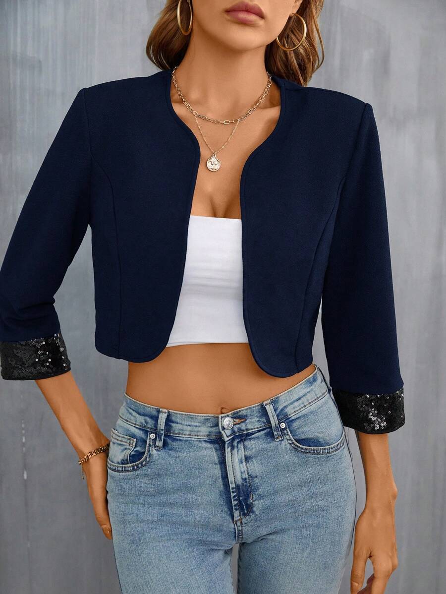 SHEIN Privé Contrast Sequin Cuff Open Front Crop Jacket - Navy Blue - View 1