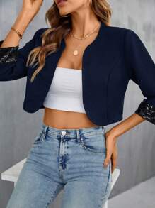 SHEIN Privé Contrast Sequin Cuff Open Front Crop Jacket - Navy Blue - View 3
