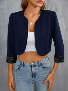 SHEIN Privé Contrast Sequin Cuff Open Front Crop Jacket - Navy Blue - View 6