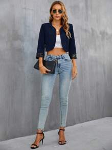 SHEIN Privé Contrast Sequin Cuff Open Front Crop Jacket - Navy Blue - View 7