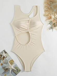 SHEIN 鏤空褶邊連體泳衣