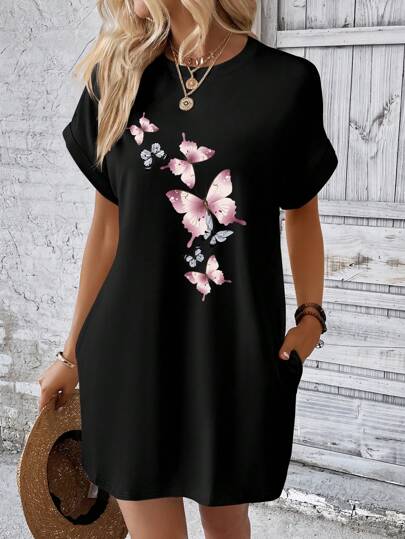 INAWLY Vestido estilo camiseta con estampado de mariposa de manga murciélago con bolsillo oculto