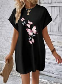 INAWLY Butterfly Print Batwing Sleeve Hidden Pocket Tee Dress