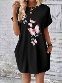 INAWLY Butterfly Print Batwing Sleeve Hidden Pocket Tee Dress