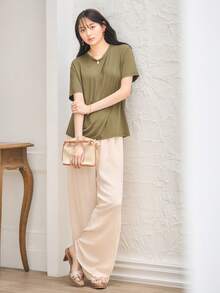SHEIN BASICS Áo thun nữ màu trơn Giải trí - xanh quân đội - Xem 7