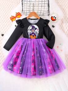 SHEIN 女小童萬聖印花荷葉邊網紗邊萬聖節裝連衣裙 - 黑色 - 查看 1