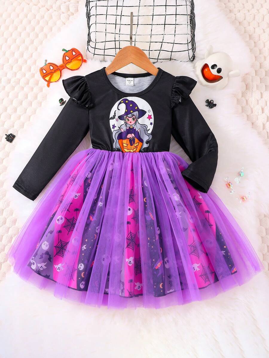 SHEIN 女小童萬聖印花荷葉邊網紗邊萬聖節裝連衣裙 - 黑色 - 查看 1
