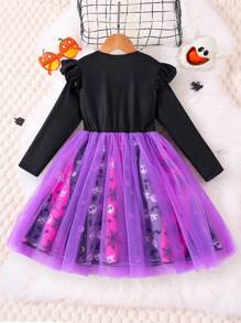 SHEIN 女小童萬聖印花荷葉邊網紗邊萬聖節裝連衣裙 - 黑色 - 查看 2