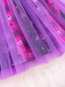 SHEIN 女小童萬聖印花荷葉邊網紗邊萬聖節裝連衣裙 - 黑色 - 查看 3