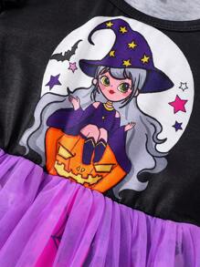 SHEIN 女小童萬聖印花荷葉邊網紗邊萬聖節裝連衣裙 - 黑色 - 查看 5