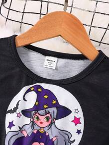 SHEIN 女小童萬聖印花荷葉邊網紗邊萬聖節裝連衣裙 - 黑色 - 查看 6