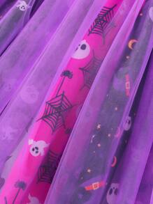 SHEIN 女小童萬聖印花荷葉邊網紗邊萬聖節裝連衣裙 - 黑色 - 查看 7