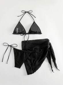 Swim SXY Smocked Halter Triangle Bikini Set With Beach Skirt,Summer Beach - Black - View 2