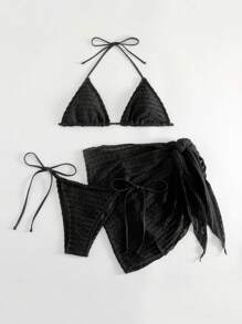 Swim SXY Smocked Halter Triangle Bikini Set With Beach Skirt,Summer Beach - Black - View 4