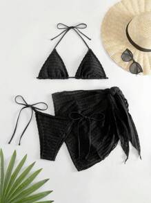Swim SXY Smocked Halter Triangle Bikini Set With Beach Skirt,Summer Beach - Black - View 6