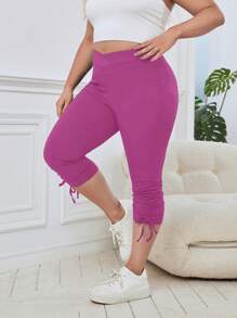 SHEIN Essnce Plus Drawstring Side V-Cut Waist Leggings - Hot Pink - View 1