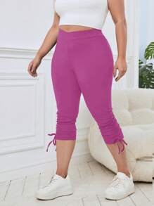 SHEIN Essnce Plus Drawstring Side V-Cut Waist Leggings - Hot Pink - View 3