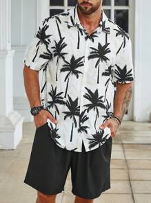 Manfinity RSRT Men Plus Coconut Tree Print Shirt & Shorts - Black and White - View 3
