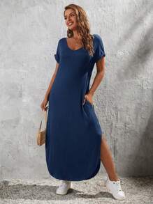 SHEIN LUNE Chất rắn Tách đùi Váy áo thun - Màu xanh hải quân - Xem 1